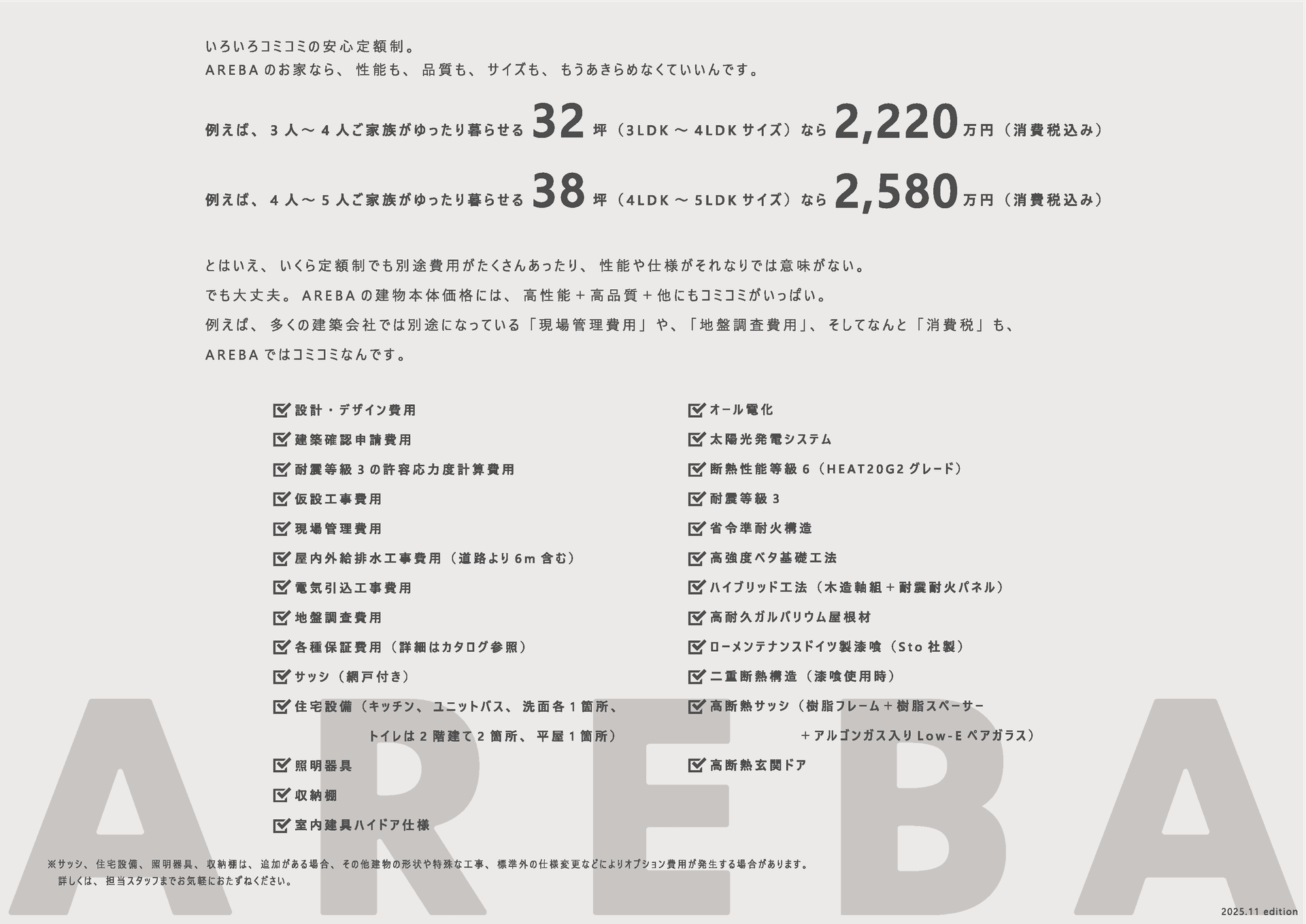 AREBAの注文住宅 価格表
