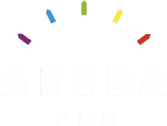 AREBA アレバのロゴ。五色の家型アイコンと英字、カタカナ表記