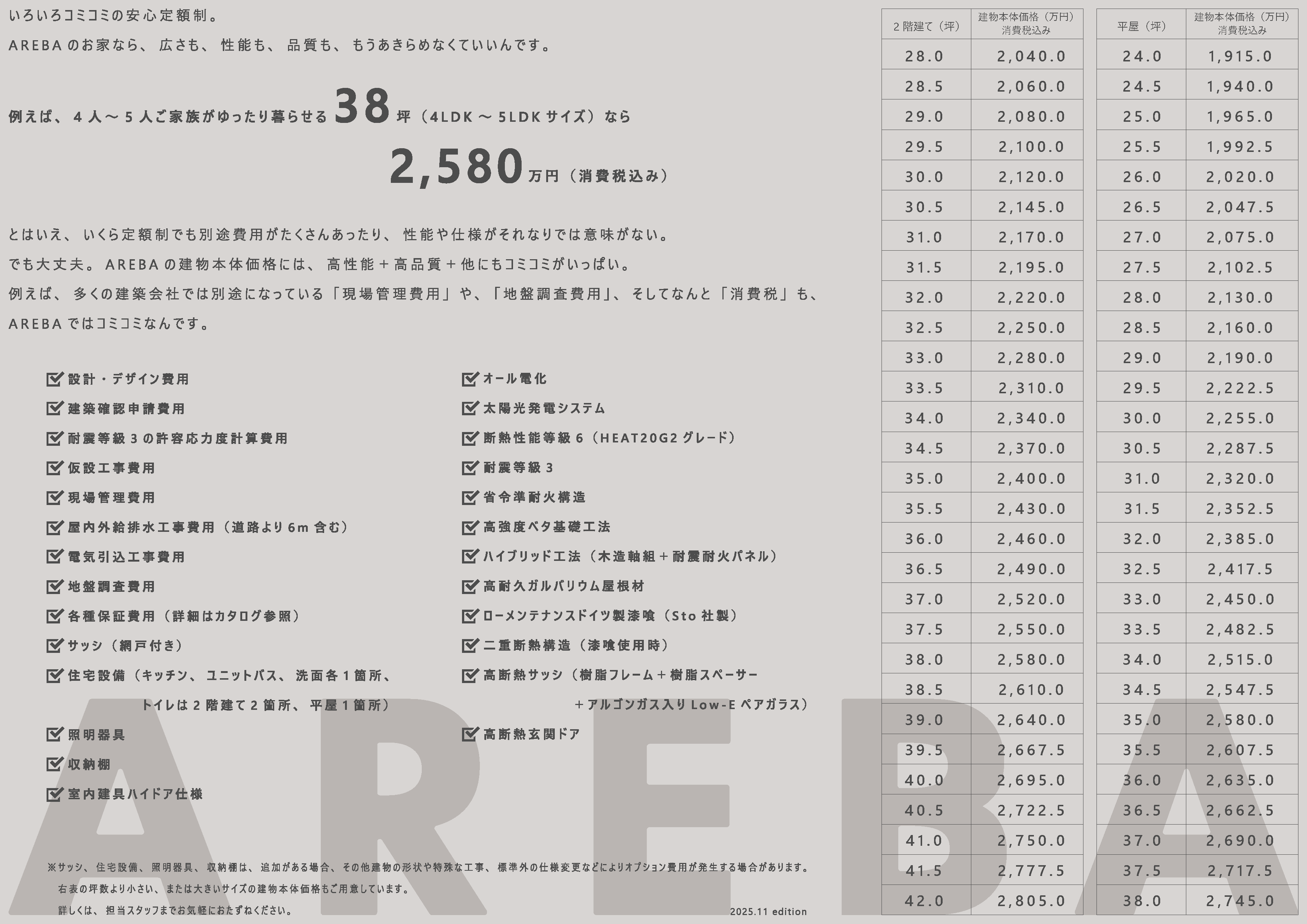 AREBAの注文住宅 価格表